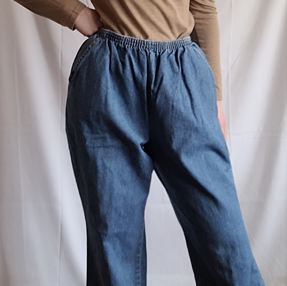 Vintage Chic Blue Elastic Waist Baggy Wide Leg Mom Jeans